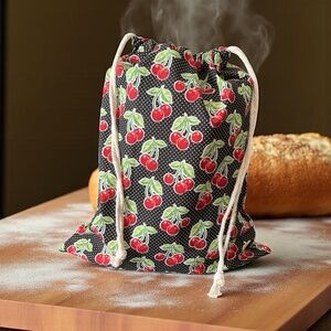 Cherry Print Black Cotton Bread Bag, Reusable Bread Storage Bag, Zero Waste Sour